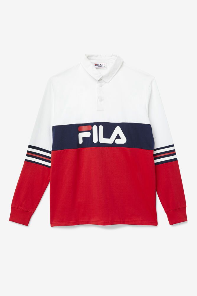 Fila Miesten Polo Syd Pitkä Sleeve Valkoinen/Punainen/Laivastonsininen - YRON-63528